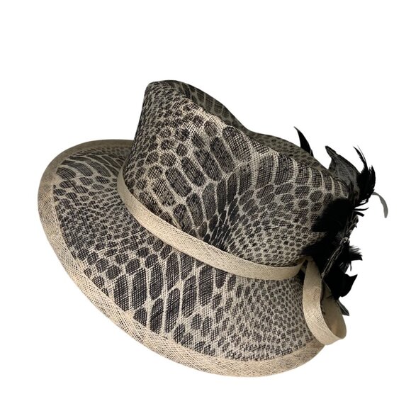 Animal Print Wide Brim Hat Black & cream/White Feather By Something Special - Picture 9 of 16